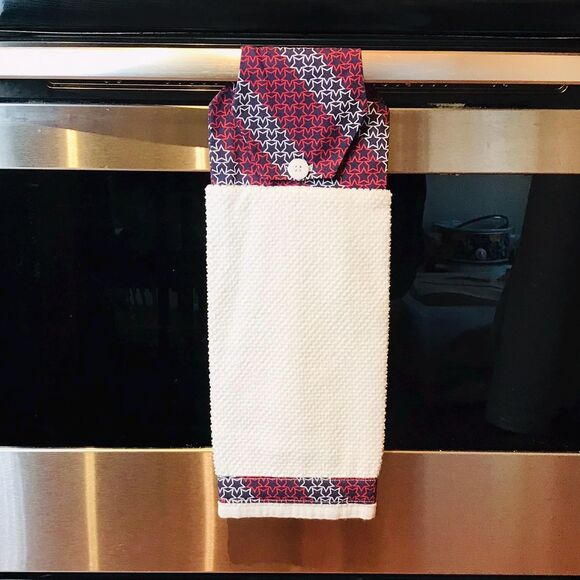 Hanging Kitchen Towel: Patriotic Stars Red White Blue Topper, Button Closure - Picture 1 of 6